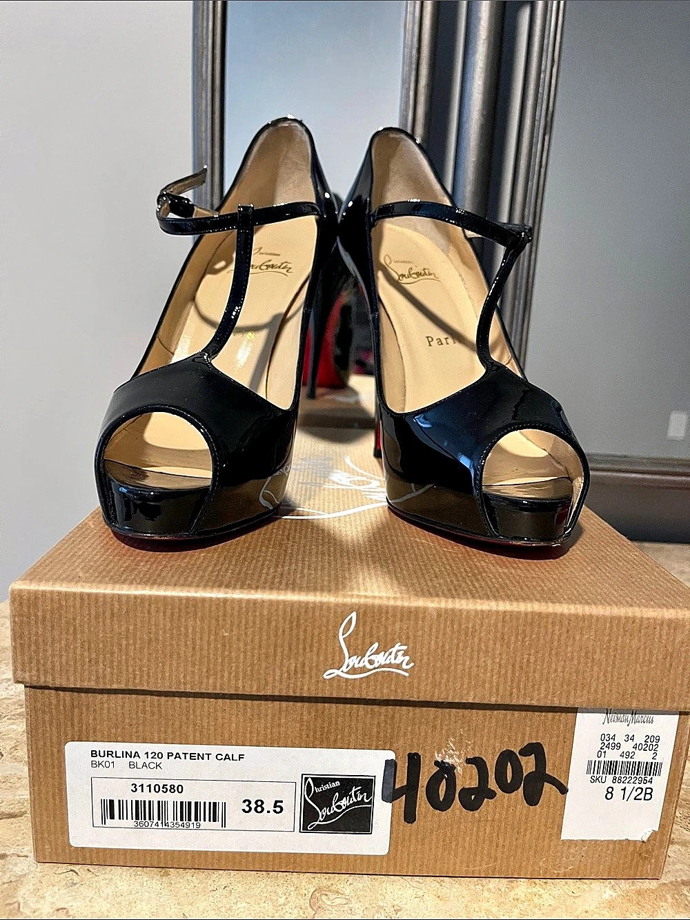 Christian Louboutin Berlina 120 Patent Calf Patent Heels in Black & Red EU 38.5